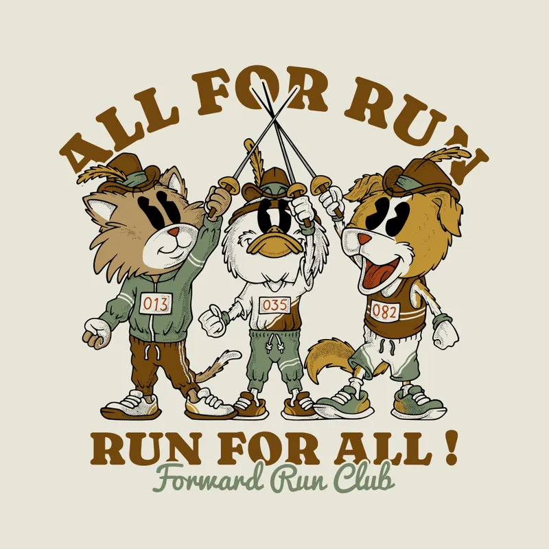 Forward Run Club All For Run, Run For All artwork with three animal mascots holding race medals